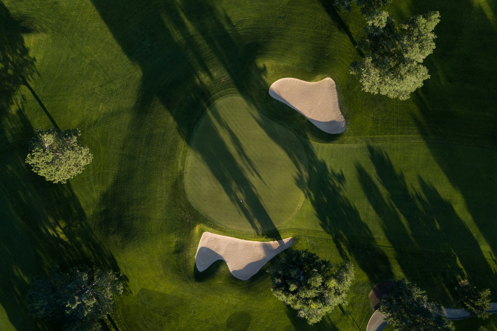Aerial bird's eye view of a golf course fairway surrounded by greenery